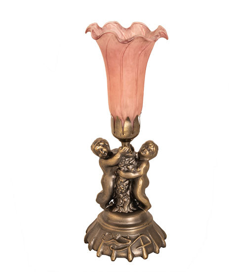 Meyda Lighting Pink Tiffany Pond Lily 13" Antique Bronze Twin Cherub Table Lamp With Pink Shade Glass