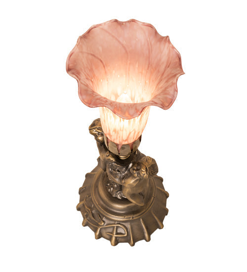 Meyda Lighting Pink Tiffany Pond Lily 13" Antique Bronze Twin Cherub Table Lamp With Pink Shade Glass