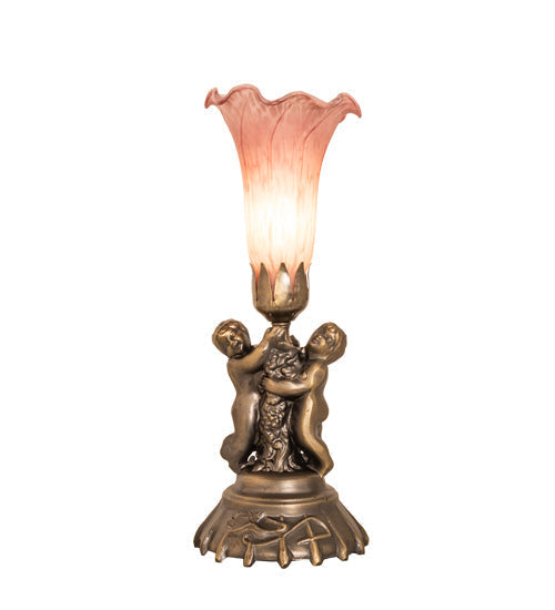 Meyda Lighting Pink Tiffany Pond Lily 13" Antique Bronze Twin Cherub Table Lamp With Pink Shade Glass