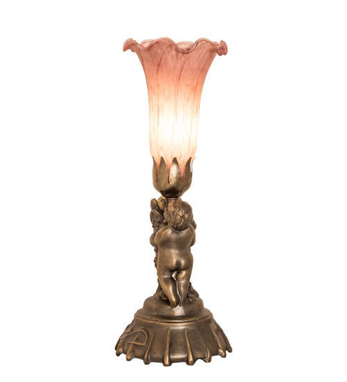 Meyda Lighting Pink Tiffany Pond Lily 13" Antique Bronze Twin Cherub Table Lamp With Pink Shade Glass