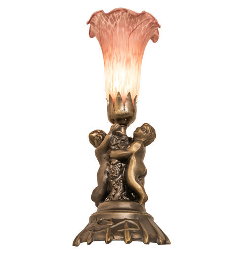 Meyda Lighting Pink Tiffany Pond Lily 13" Antique Bronze Twin Cherub Table Lamp With Pink Shade Glass