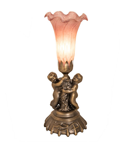 Meyda Lighting Pink Tiffany Pond Lily 13" Antique Bronze Twin Cherub Table Lamp With Pink Shade Glass