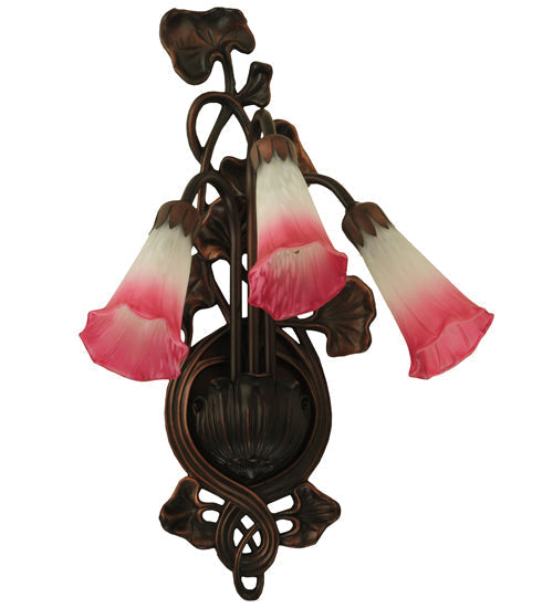 Meyda Lighting Pink/White Pond Lily 11" 3-Light Mahogany Bronze Wall Sconce With Pink & White Shade Glass