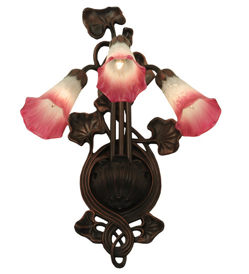 Meyda Lighting Pink/White Pond Lily 11" 3-Light Mahogany Bronze Wall Sconce With Pink & White Shade Glass