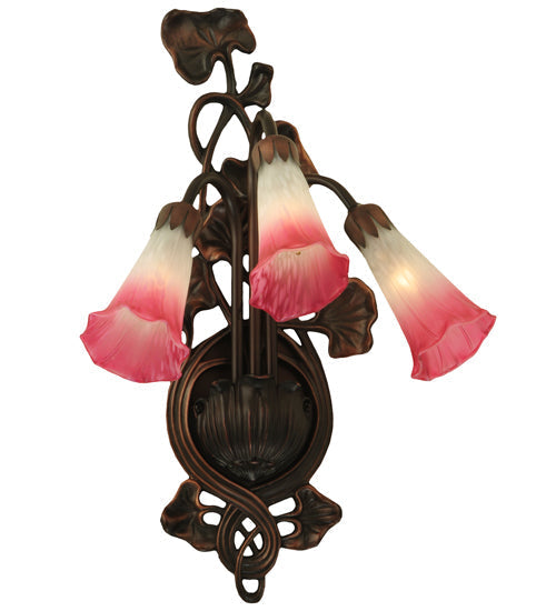 Meyda Lighting Pink/White Pond Lily 11" 3-Light Mahogany Bronze Wall Sconce With Pink & White Shade Glass