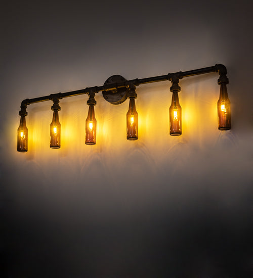 Meyda Lighting PipeDream 48" 6-Light Raw Steel Wall Sconce With Amber Bottle Shade Glass