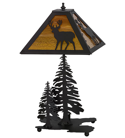 Meyda Lighting Placid Deer 21" 2-Light Oil Rubbed Bronze Table Lamp With Honey Amber Art Shade Glass and Lighted Base