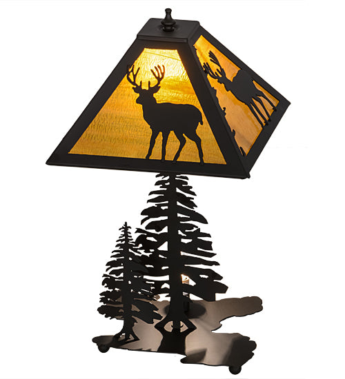 Meyda Lighting Placid Deer 21" 2-Light Oil Rubbed Bronze Table Lamp With Honey Amber Art Shade Glass and Lighted Base