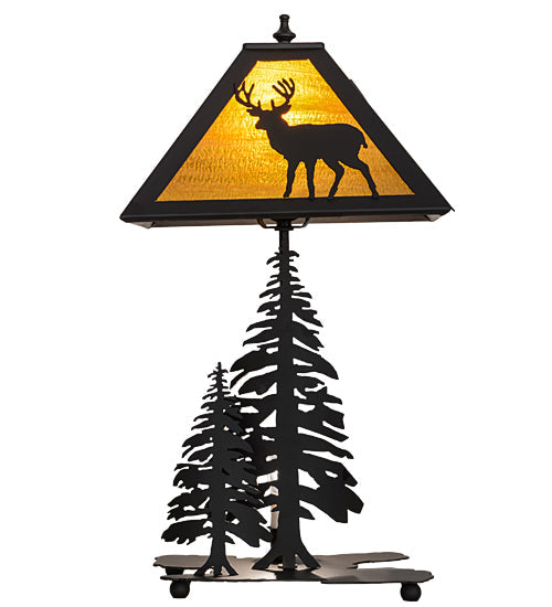 Meyda Lighting Placid Deer 21" 2-Light Oil Rubbed Bronze Table Lamp With Honey Amber Art Shade Glass and Lighted Base