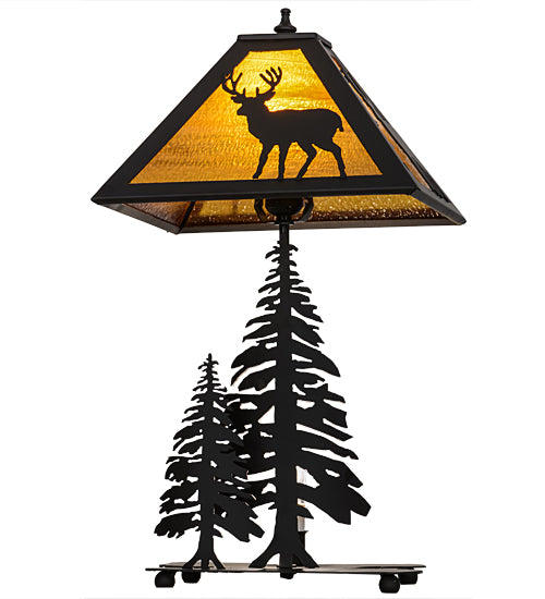 Meyda Lighting Placid Deer 21" 2-Light Oil Rubbed Bronze Table Lamp With Honey Amber Art Shade Glass and Lighted Base
