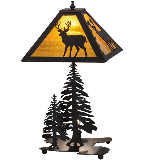 Meyda Lighting Placid Deer 21" 2-Light Oil Rubbed Bronze Table Lamp With Honey Amber Art Shade Glass and Lighted Base