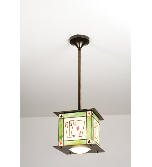 Meyda Lighting Poker Face 14" Mahogany Bronze Mini Pendant Light With Multi-Colored Shade Glass