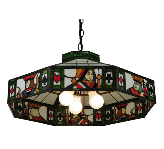 Meyda Lighting Poker Face 24" 3-Light Mahogany Bronze Pendant Light With Multi-Colored Stained Shade Glass