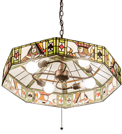 Meyda Lighting Poker Face 24" 4-Light Mahogany Bronze Pendant Light With Multi-Colored Stained Shade Glass