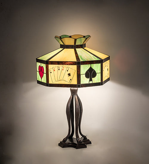 Meyda Lighting Poker Face 33" 3-Light Mahogany Bronze Table Lamp With Multi-Colored Stained Shade Glass