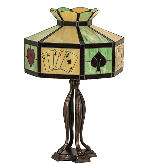 Meyda Lighting Poker Face 33" 3-Light Mahogany Bronze Table Lamp With Multi-Colored Stained Shade Glass