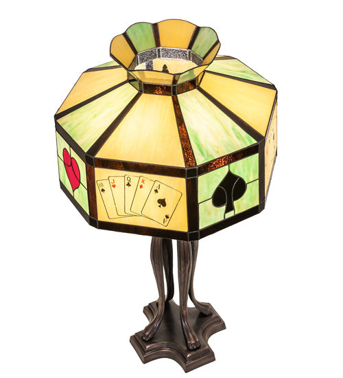 Meyda Lighting Poker Face 33" 3-Light Mahogany Bronze Table Lamp With Multi-Colored Stained Shade Glass