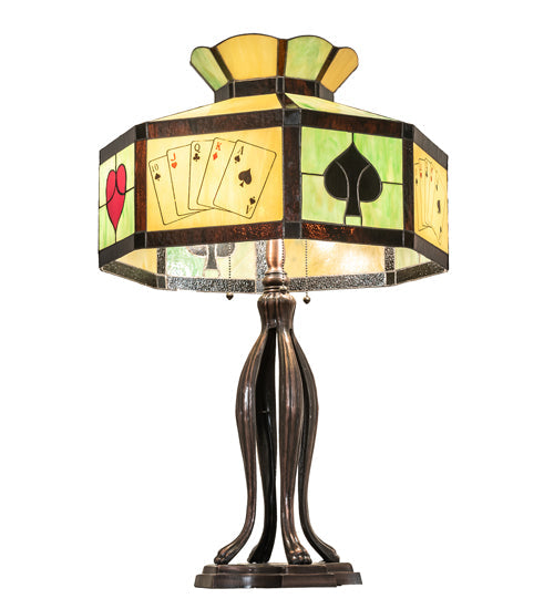Meyda Lighting Poker Face 33" 3-Light Mahogany Bronze Table Lamp With Multi-Colored Stained Shade Glass