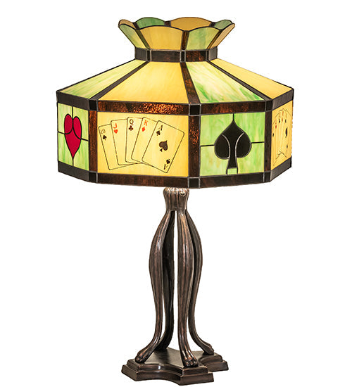 Meyda Lighting Poker Face 33" 3-Light Mahogany Bronze Table Lamp With Multi-Colored Stained Shade Glass