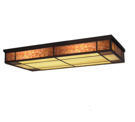Meyda Lighting Polaris 48" 3-Light Timeless Bronze Island Flush Mount Light With Amber Mica & Beige Iridescent Art Shade Glass