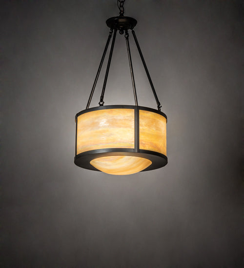 Meyda Lighting Pomona 18" 4-Light Craftsman Brown Inverted Pendant Light With Beige Iridescent Shade Glass