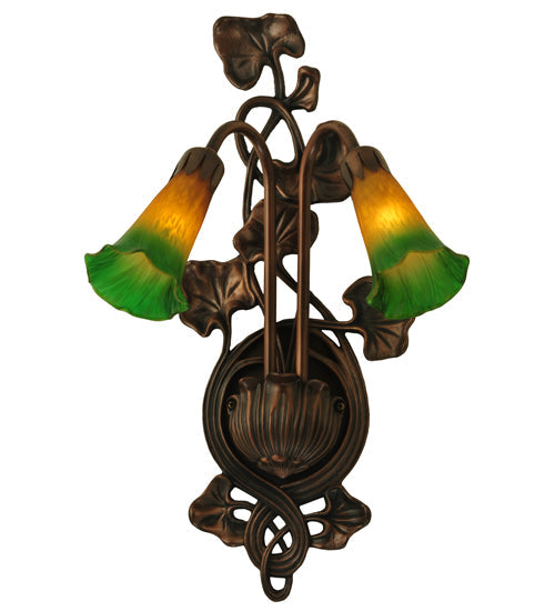 Meyda Lighting Pond Lily 11" 2-Light Mahogany Bronze Wall Sconce With Amber & Green Shade Glass
