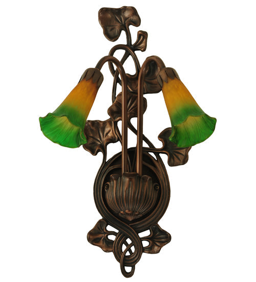 Meyda Lighting Pond Lily 11" 2-Light Mahogany Bronze Wall Sconce With Amber & Green Shade Glass