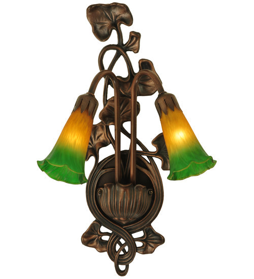 Meyda Lighting Pond Lily 11" 2-Light Mahogany Bronze Wall Sconce With Amber & Green Shade Glass