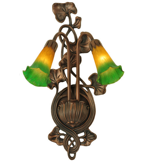 Meyda Lighting Pond Lily 11" 2-Light Mahogany Bronze Wall Sconce With Amber & Green Shade Glass