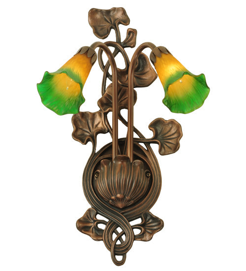 Meyda Lighting Pond Lily 11" 2-Light Mahogany Bronze Wall Sconce With Amber & Green Shade Glass