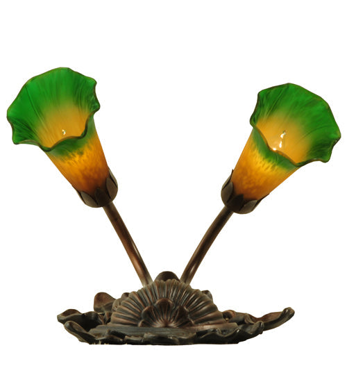 Meyda Lighting Pond Lily 11" 2-Light Mahogany Bronze Wall Sconce With Amber & Green Shade Glass