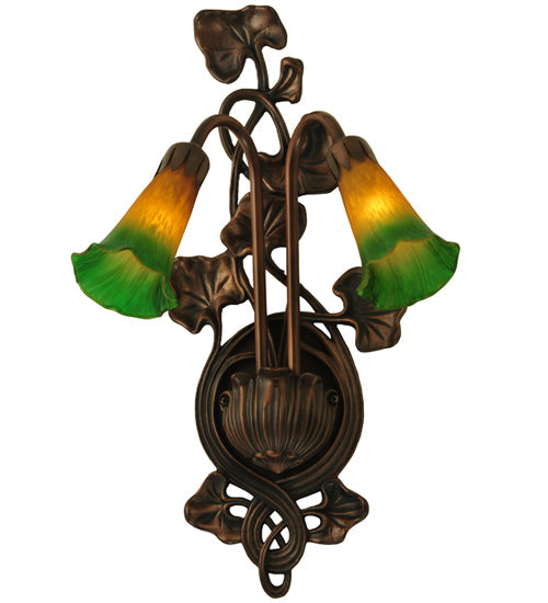 Meyda Lighting Pond Lily 11" 2-Light Mahogany Bronze Wall Sconce With Amber & Green Shade Glass