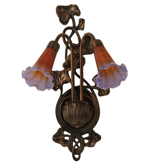 Meyda Lighting Pond Lily 11" 2-Light Mahogany Bronze Wall Sconce With Amber & Violet Shade Glass