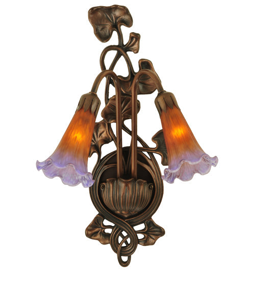 Meyda Lighting Pond Lily 11" 2-Light Mahogany Bronze Wall Sconce With Amber & Violet Shade Glass