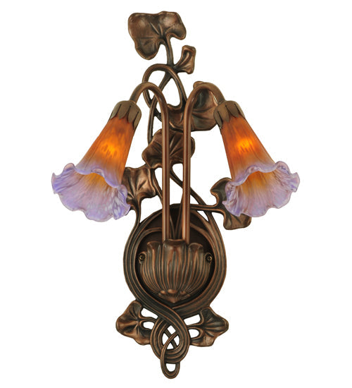 Meyda Lighting Pond Lily 11" 2-Light Mahogany Bronze Wall Sconce With Amber & Violet Shade Glass