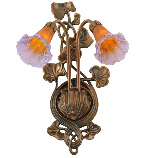 Meyda Lighting Pond Lily 11" 2-Light Mahogany Bronze Wall Sconce With Amber & Violet Shade Glass