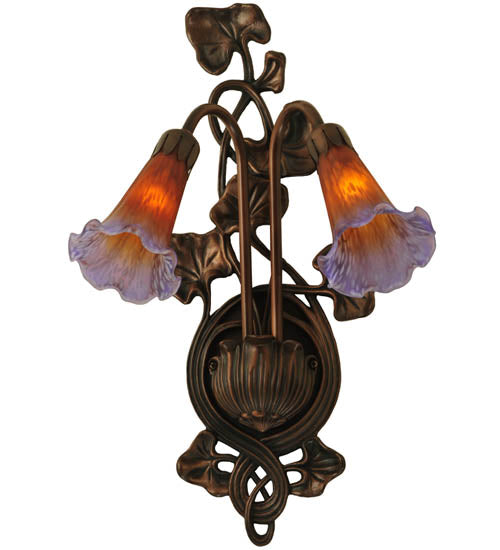 Meyda Lighting Pond Lily 11" 2-Light Mahogany Bronze Wall Sconce With Amber & Violet Shade Glass