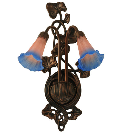 Meyda Lighting Pond Lily 11" 2-Light Mahogany Bronze Wall Sconce With Indigo Blue & Pink Shade Glass