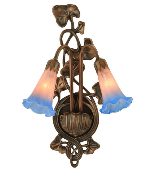 Meyda Lighting Pond Lily 11" 2-Light Mahogany Bronze Wall Sconce With Indigo Blue & Pink Shade Glass
