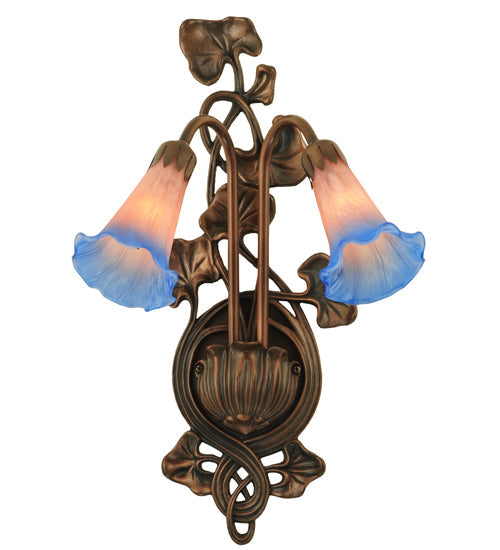 Meyda Lighting Pond Lily 11" 2-Light Mahogany Bronze Wall Sconce With Indigo Blue & Pink Shade Glass