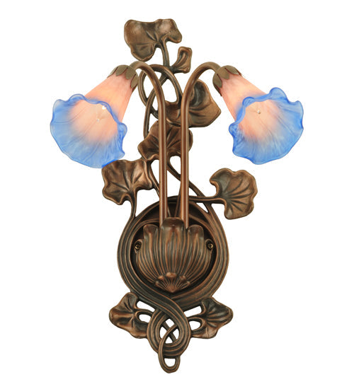 Meyda Lighting Pond Lily 11" 2-Light Mahogany Bronze Wall Sconce With Indigo Blue & Pink Shade Glass