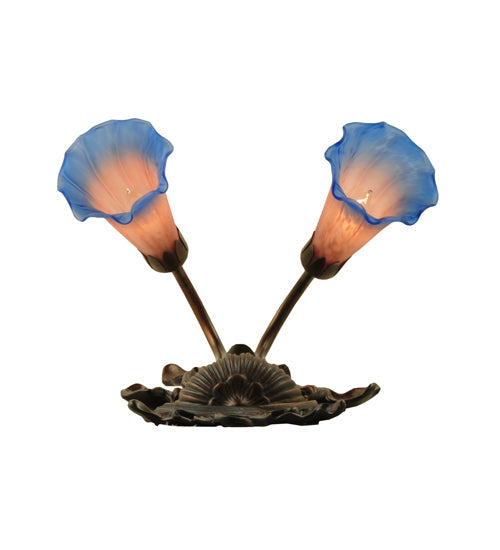 Meyda Lighting Pond Lily 11" 2-Light Mahogany Bronze Wall Sconce With Indigo Blue & Pink Shade Glass