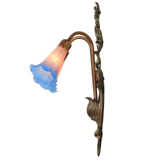 Meyda Lighting Pond Lily 11" 2-Light Mahogany Bronze Wall Sconce With Indigo Blue & Pink Shade Glass