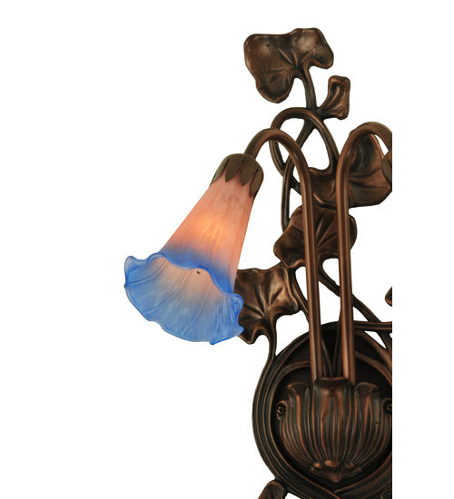 Meyda Lighting Pond Lily 11" 2-Light Mahogany Bronze Wall Sconce With Indigo Blue & Pink Shade Glass