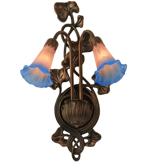 Meyda Lighting Pond Lily 11" 2-Light Mahogany Bronze Wall Sconce With Indigo Blue & Pink Shade Glass