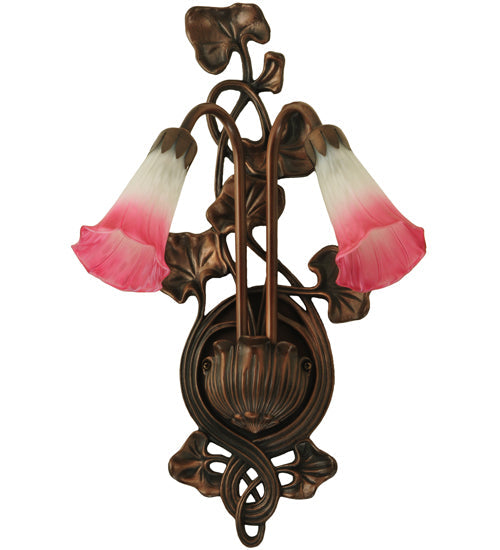 Meyda Lighting Pond Lily 11" 2-Light Mahogany Bronze Wall Sconce With Pink & White Shade Glass