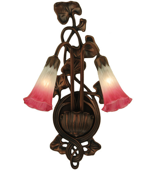 Meyda Lighting Pond Lily 11" 2-Light Mahogany Bronze Wall Sconce With Pink & White Shade Glass