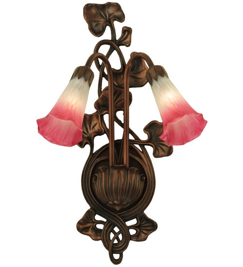 Meyda Lighting Pond Lily 11" 2-Light Mahogany Bronze Wall Sconce With Pink & White Shade Glass