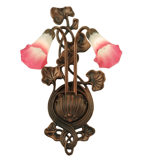 Meyda Lighting Pond Lily 11" 2-Light Mahogany Bronze Wall Sconce With Pink & White Shade Glass