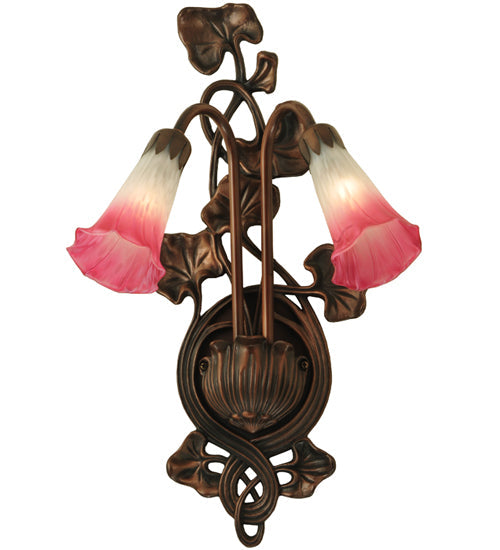 Meyda Lighting Pond Lily 11" 2-Light Mahogany Bronze Wall Sconce With Pink & White Shade Glass